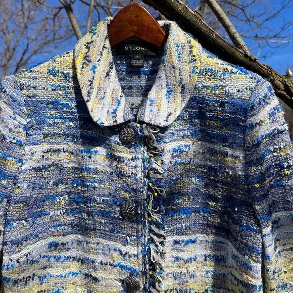 St John sparkly boucle cropped jacket size 2, shades of blue/yellow - Picture 4 of 9